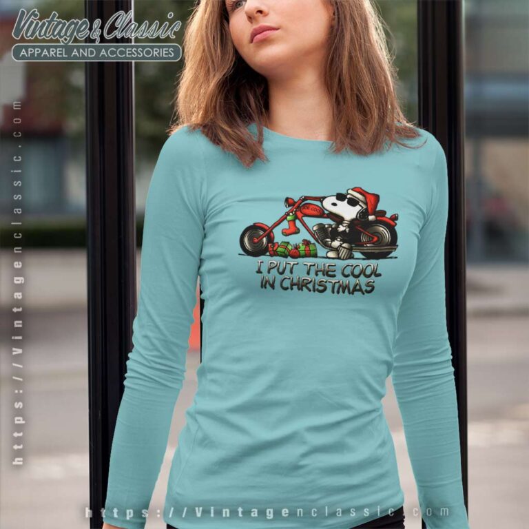 Snoopy I Put The Cool In Christmas Motorcycle Long Sleeve Tee Snoopy I Put The Cool In Christmas Motorcycle Long Sleeve Tee