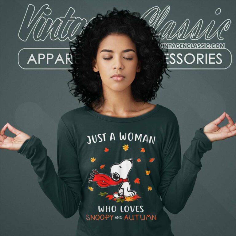 Snoopy Just A Woman Love Autumn Halloween Long Sleeve Tee Snoopy Just A Woman Love Autumn Halloween Long Sleeve Tee