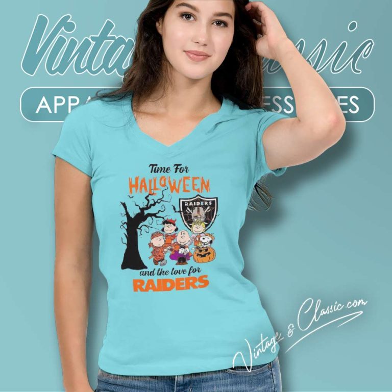 Snoopy Peanuts Time For Halloween And The Love For Raiders V Neck TShirt Snoopy Peanuts Time For Halloween And The Love For Raiders V Neck TShirt
