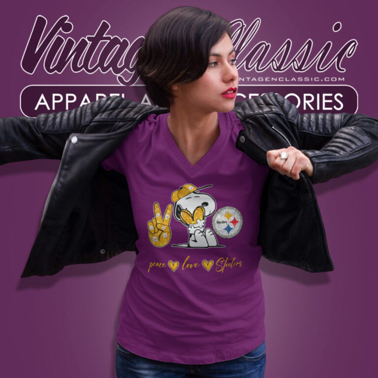 Snoopy Pittsburgh Steelers Peace Love V Neck TShirt Snoopy Pittsburgh Steelers Peace Love V Neck TShirt