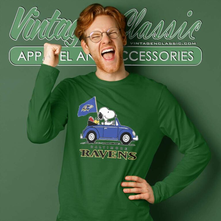 Snoopy Woodstock Driving Car Baltimore Ravens Long Sleeve Tee Snoopy Woodstock Driving Car Baltimore Ravens Long Sleeve Tee