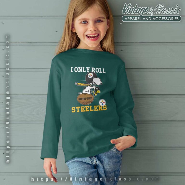 Snoopy Woodstock I Only Roll With The Pittsburgh Steelers Kids Long Sleeve Tee Snoopy Woodstock I Only Roll With The Pittsburgh Steelers Kids Long Sleeve Tee