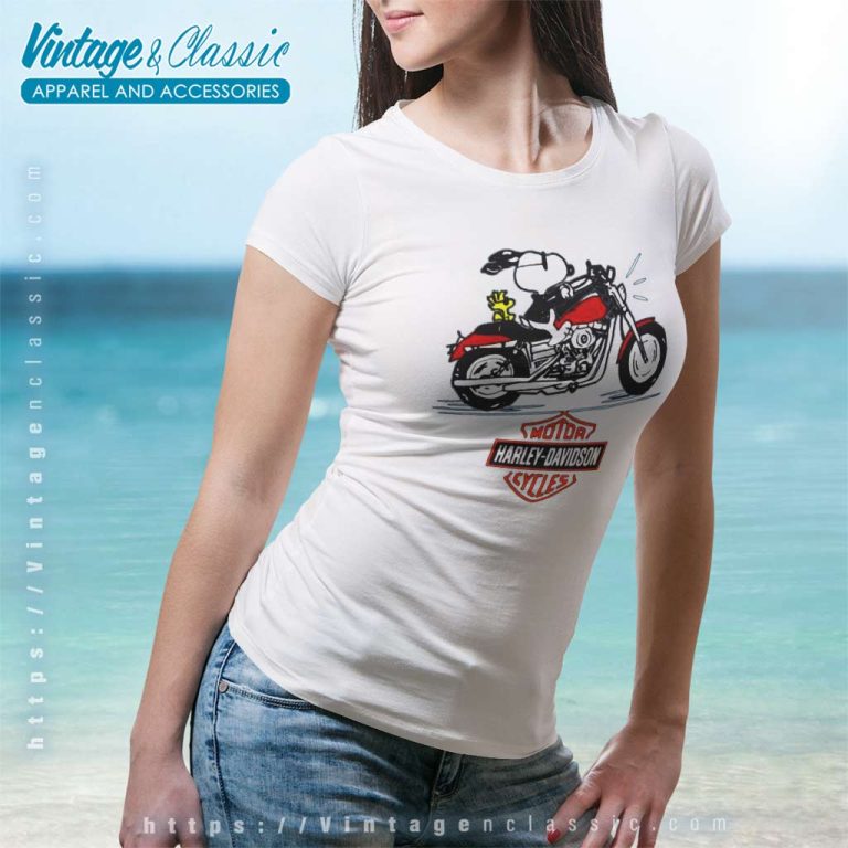 Snoopy Woodstock Motor Cycles Harley Davidson Logo Women TShirt Snoopy Woodstock Motor Cycles Harley Davidson Logo Women TShirt