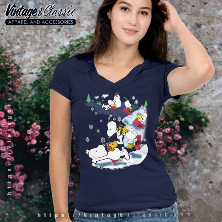 Snoopy Woodstock Snow Sledding Christmas V Neck TShirt Snoopy Woodstock Snow Sledding Christmas V Neck TShirt
