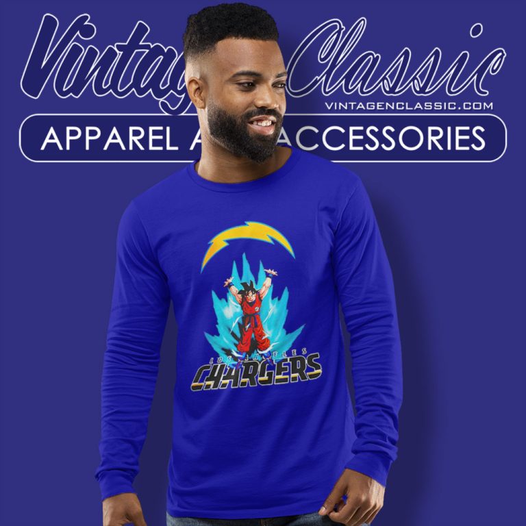Son Goku Powering Up In Energy Los Angeles Chargers Long Sleeve Tee Son Goku Powering Up In Energy Los Angeles Chargers Long Sleeve Tee