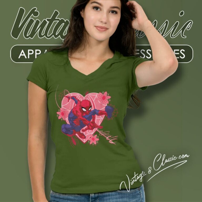 Spiderman Hearts And Flowers V Neck TShirt Spiderman Hearts And Flowers V Neck TShirt