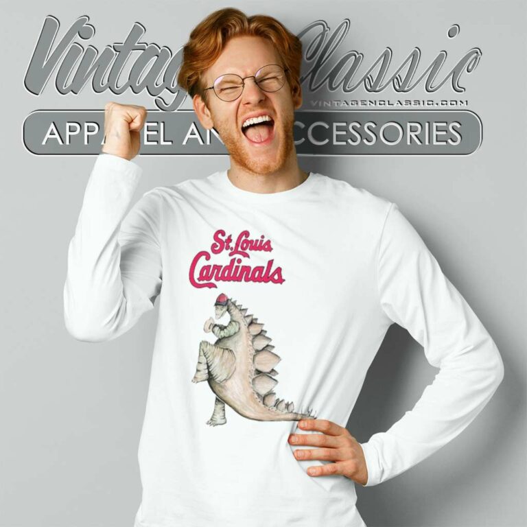 St Louis Cardinals Godzilla Throw A Baseball Long Sleeve Tee St Louis Cardinals Godzilla Throw A Baseball Long Sleeve Tee