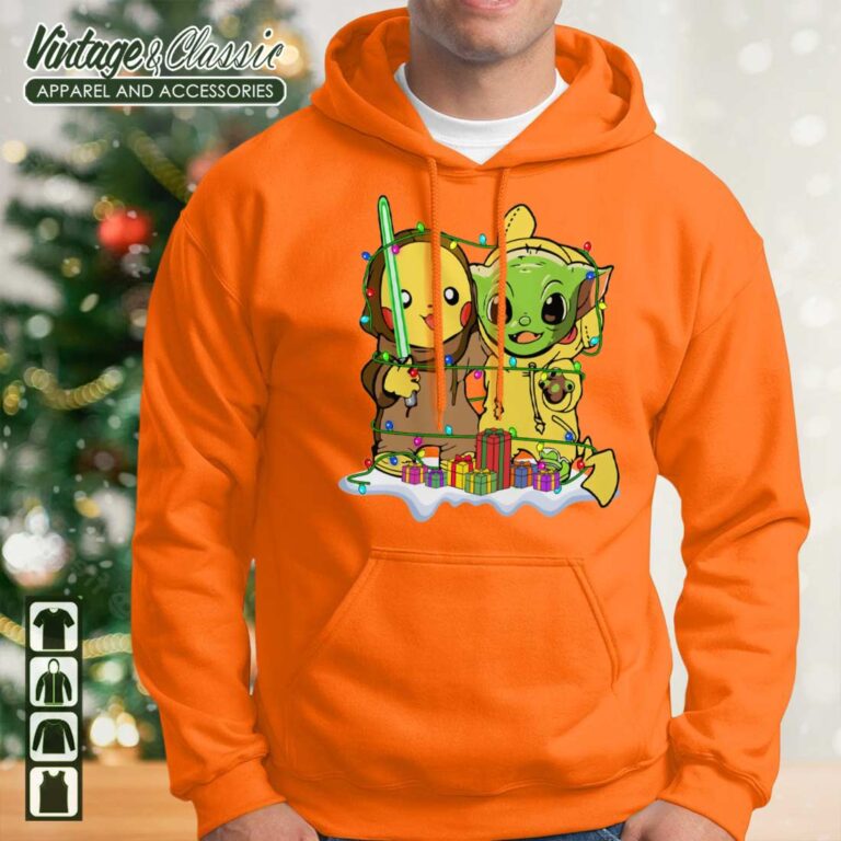 Star Wars Baby Yoda And Pikachu Christmas Lights Orange Hoodie Star Wars Baby Yoda And Pikachu Christmas Lights Orange Hoodie