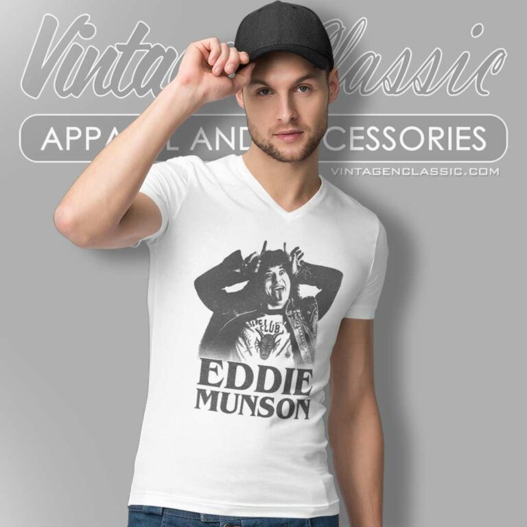 Stranger Things Eddie Munson Horns V Neck TShirt 1 Stranger Things Eddie Munson Horns V Neck TShirt 1