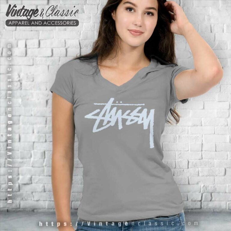Stussy Grey Logo V Neck TShirt Stussy Grey Logo V Neck TShirt