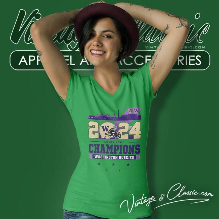Sugar Bowl Champions Washington Huskies 2024 Skyline V Neck TShirt Sugar Bowl Champions Washington Huskies 2024 Skyline V Neck TShirt