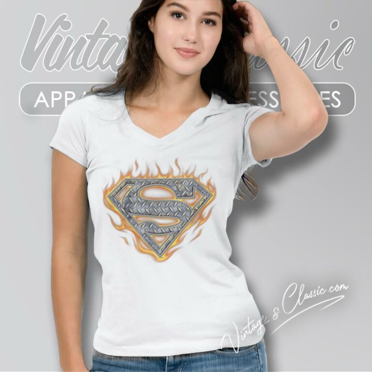 Superman Steel Fire Shield V Neck TShirt Superman Steel Fire Shield V Neck TShirt