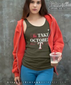 Take October Rangers Shirt 2023 Postseason Locker Room 5 Take October Rangers Shirt 2023 Postseason Locker Room Tank Top Racerback