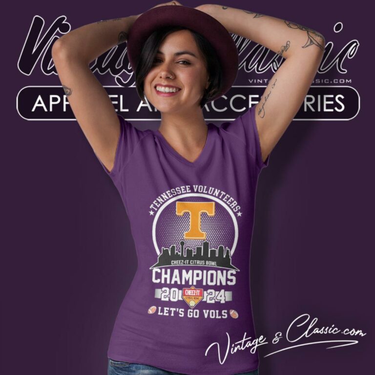 Tennessee Volunteers 2024 Cheez It Citrus Bowl Champions Skyline Lets Go Vols V Neck TShirt Tennessee Volunteers 2024 Cheez It Citrus Bowl Champions Skyline Lets Go Vols V Neck TShirt