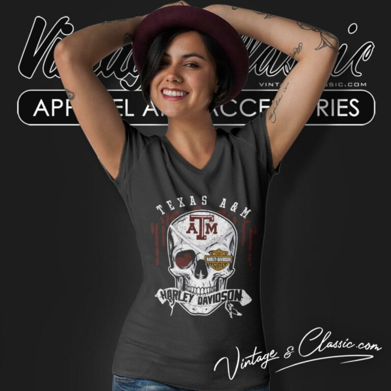 Texas Am University Harley Davidson Skull V Neck TShirt Texas Am University Harley Davidson Skull V Neck TShirt