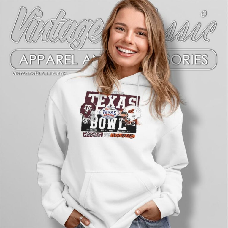 Texas Am Vs Oklahoma State Cowboys 2023 Taxact Texas Bowl Head To Head Hoodie Texas Am Vs Oklahoma State Cowboys 2023 Taxact Texas Bowl Head To Head Hoodie