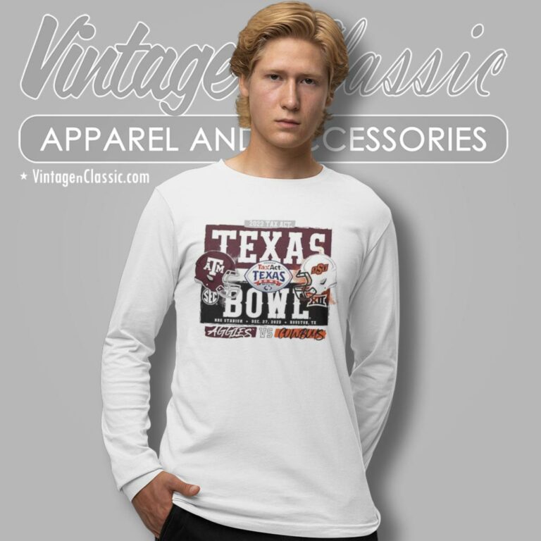 Texas Am Vs Oklahoma State Cowboys 2023 Taxact Texas Bowl Head To Head Long Sleeve Tee Texas Am Vs Oklahoma State Cowboys 2023 Taxact Texas Bowl Head To Head Long Sleeve Tee