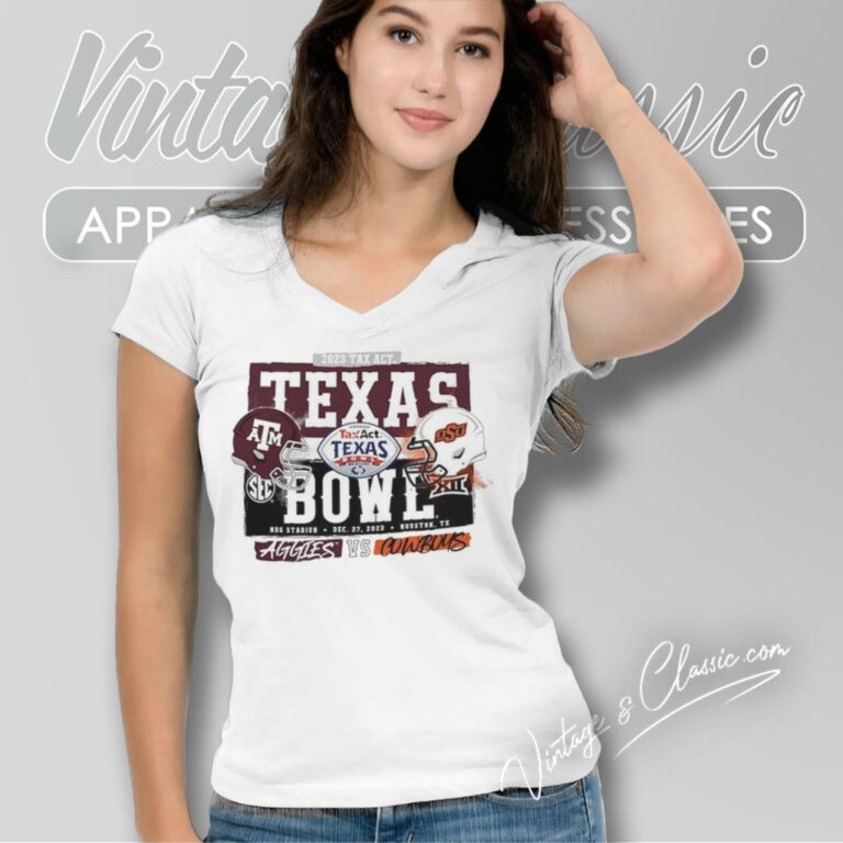 Texas Am Vs Oklahoma State Cowboys 2023 Taxact Texas Bowl Head To Head V Neck TShirt Texas Am Vs Oklahoma State Cowboys 2023 Taxact Texas Bowl Head To Head V Neck TShirt