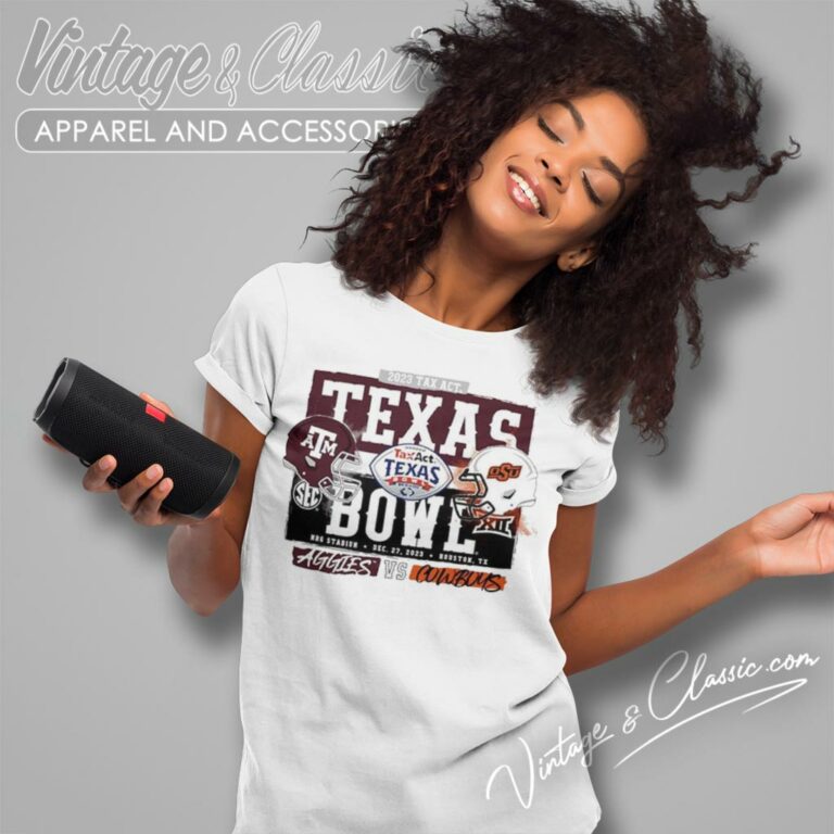 Texas Am Vs Oklahoma State Cowboys 2023 Taxact Texas Bowl Head To Head Women T Shirt Texas Am Vs Oklahoma State Cowboys 2023 Taxact Texas Bowl Head To Head Women T Shirt