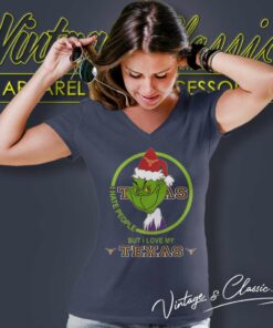 Texas Longhorns Ncaa Christmas Grinch Shirt I Hate People But I Love My Texas V Neck TShirt