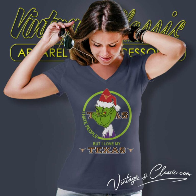 Texas Longhorns Ncaa Christmas Grinch Shirt I Hate People But I Love My Texas V Neck TShirt Texas Longhorns Ncaa Christmas Grinch Shirt I Hate People But I Love My Texas V Neck TShirt
