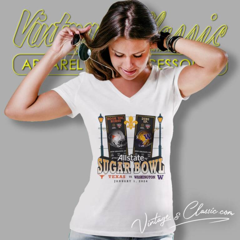 Texas Longhorns Vs Washington Huskies 2024 Sugar Bowl Matchup V Neck TShirt Texas Longhorns Vs Washington Huskies 2024 Sugar Bowl Matchup V Neck TShirt