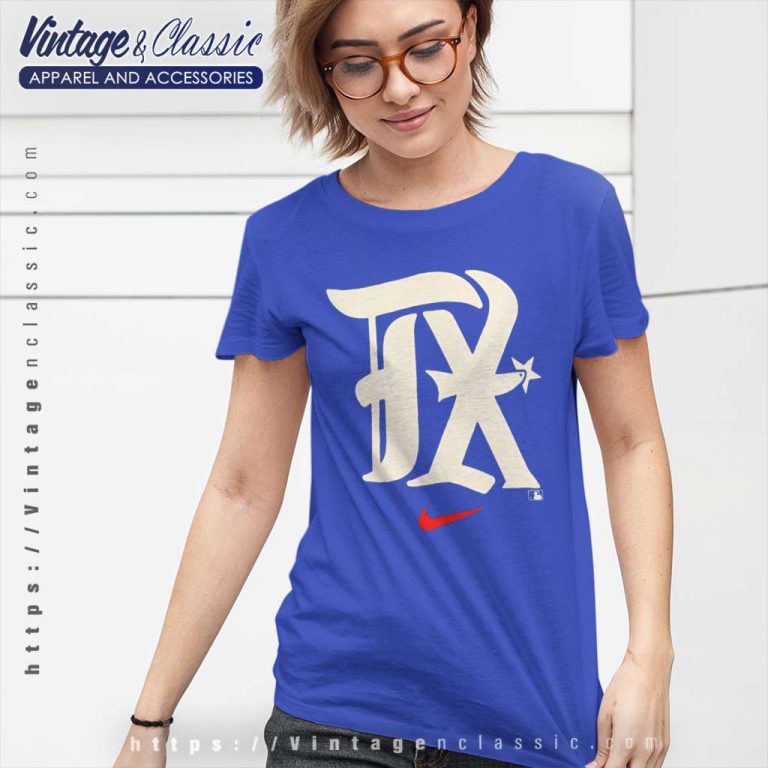 Texas Rangers 2023 City Connect Velocity Practice Performance Logo Women TShirt Texas Rangers 2023 City Connect Velocity Practice Performance Logo Women TShirt