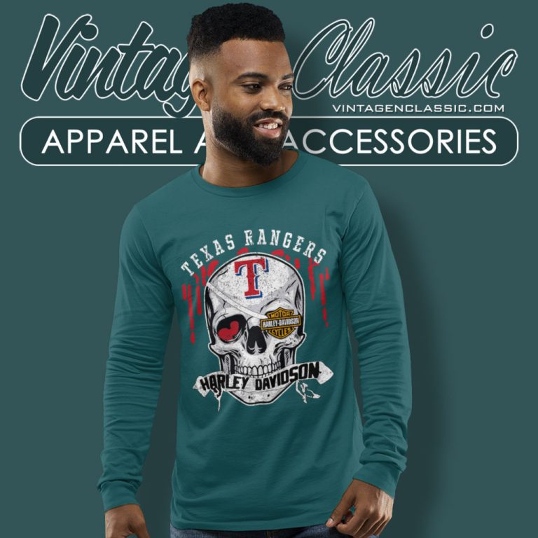 Texas Rangers Harley Davidson Skull Long Sleeve Tee Texas Rangers Harley Davidson Skull Long Sleeve Tee