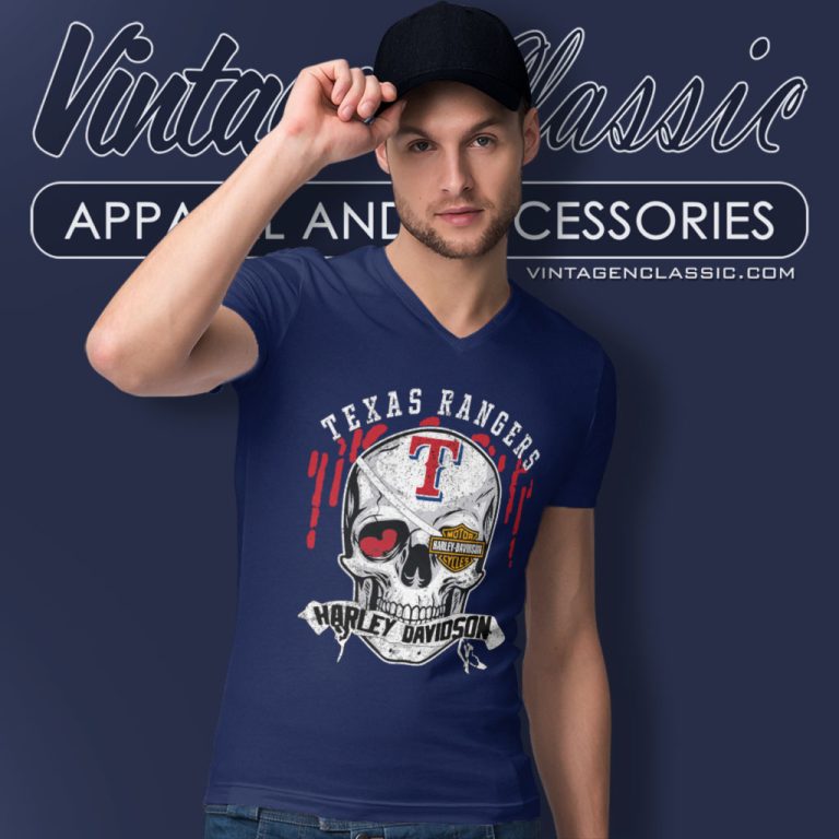 Texas Rangers Harley Davidson Skull V Neck TShirt Texas Rangers Harley Davidson Skull V Neck TShirt
