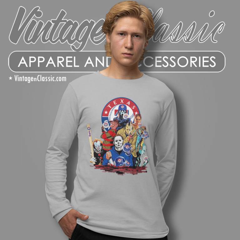 Texas Rangers Horror Movie Characters Halloween Long Sleeve Tee Texas Rangers Horror Movie Characters Halloween Long Sleeve Tee