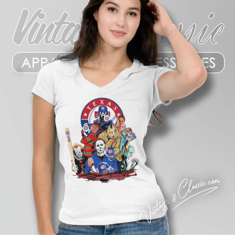 Texas Rangers Horror Movie Characters Halloween V Neck TShirt Texas Rangers Horror Movie Characters Halloween V Neck TShirt