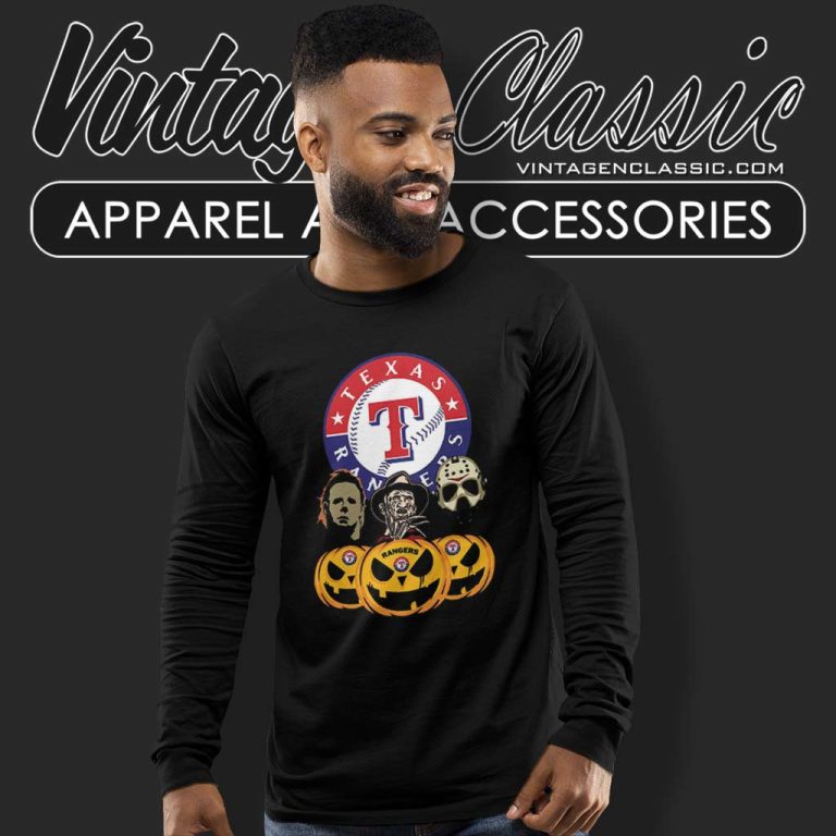 Texas Rangers Michael Myers Freddy Krueger Jason Voorhees Pumpkin Halloween Long Sleeve Tee Texas Rangers Michael Myers Freddy Krueger Jason Voorhees Pumpkin Halloween Long Sleeve Tee