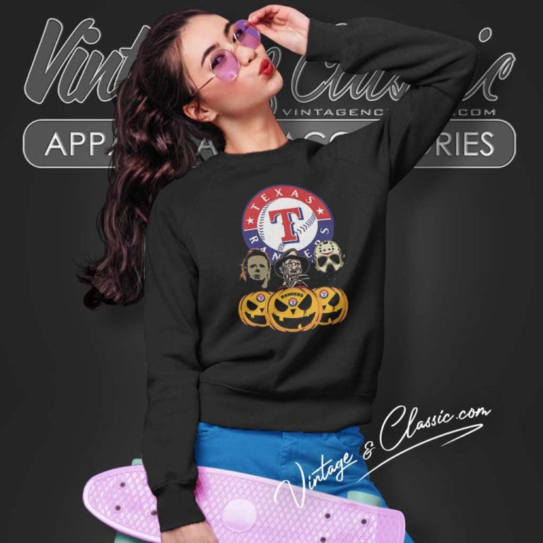 Texas Rangers Michael Myers Freddy Krueger Jason Voorhees Pumpkin Halloween Sweatshirt Texas Rangers Michael Myers Freddy Krueger Jason Voorhees Pumpkin Halloween Sweatshirt