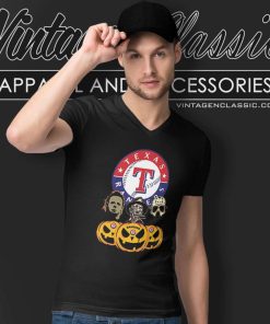 Texas Rangers Michael Myers Freddy Krueger Jason Voorhees Pumpkin Halloween V Neck TShirt