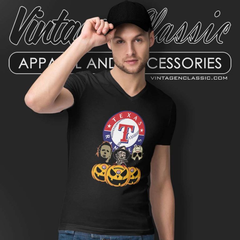 Texas Rangers Michael Myers Freddy Krueger Jason Voorhees Pumpkin Halloween V Neck TShirt Texas Rangers Michael Myers Freddy Krueger Jason Voorhees Pumpkin Halloween V Neck TShirt
