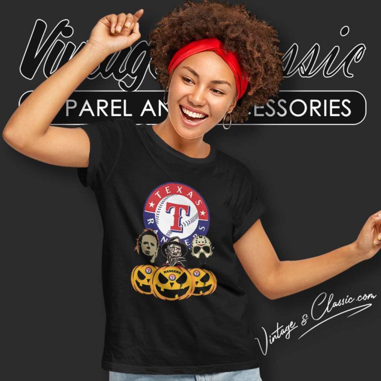 Texas Rangers Michael Myers Freddy Krueger Jason Voorhees Pumpkin Halloween Women TShirt Texas Rangers Michael Myers Freddy Krueger Jason Voorhees Pumpkin Halloween Women TShirt