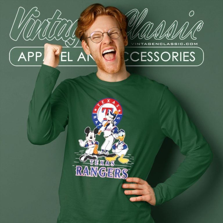 Texas Rangers Mickey Mouse Donald Duck Goofy Baseball Long Sleeve Tee Texas Rangers Mickey Mouse Donald Duck Goofy Baseball Long Sleeve Tee