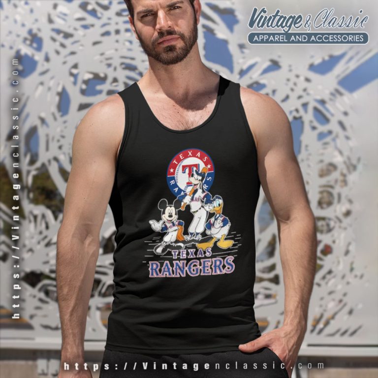 Texas Rangers Mickey Mouse Donald Duck Goofy Baseball Tank Top Racerback Texas Rangers Mickey Mouse Donald Duck Goofy Baseball Tank Top Racerback