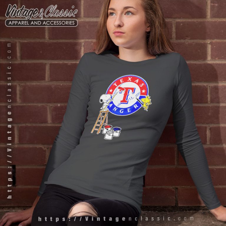 Texas Rangers Snoopy And Woodstock Painting Logo Long Sleeve Tee Texas Rangers Snoopy And Woodstock Painting Logo Long Sleeve Tee