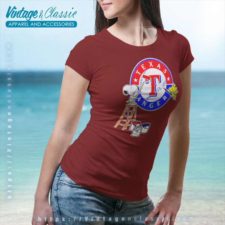 Texas Rangers Snoopy And Woodstock Painting Logo Women T Shirt Texas Rangers Snoopy And Woodstock Painting Logo Women T Shirt
