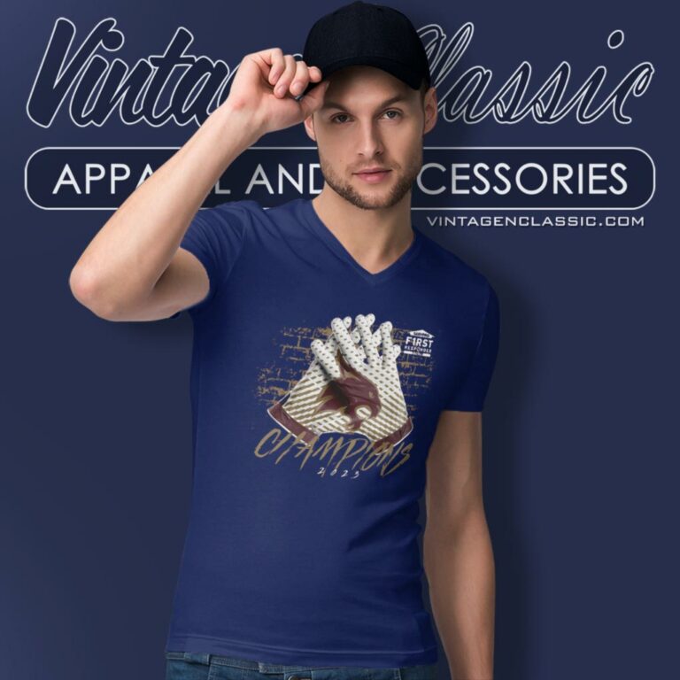 Texas State Bobcats 2023 First Responder Bowl Champions Gloves V Neck TShirt Texas State Bobcats 2023 First Responder Bowl Champions Gloves V Neck TShirt
