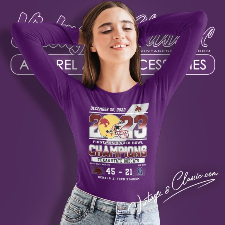 Texas State Bobcats First Responder Bowl Champions 2023 45 21 Rice Owls Long Sleeve Tee Texas State Bobcats First Responder Bowl Champions 2023 45 21 Rice Owls Long Sleeve Tee
