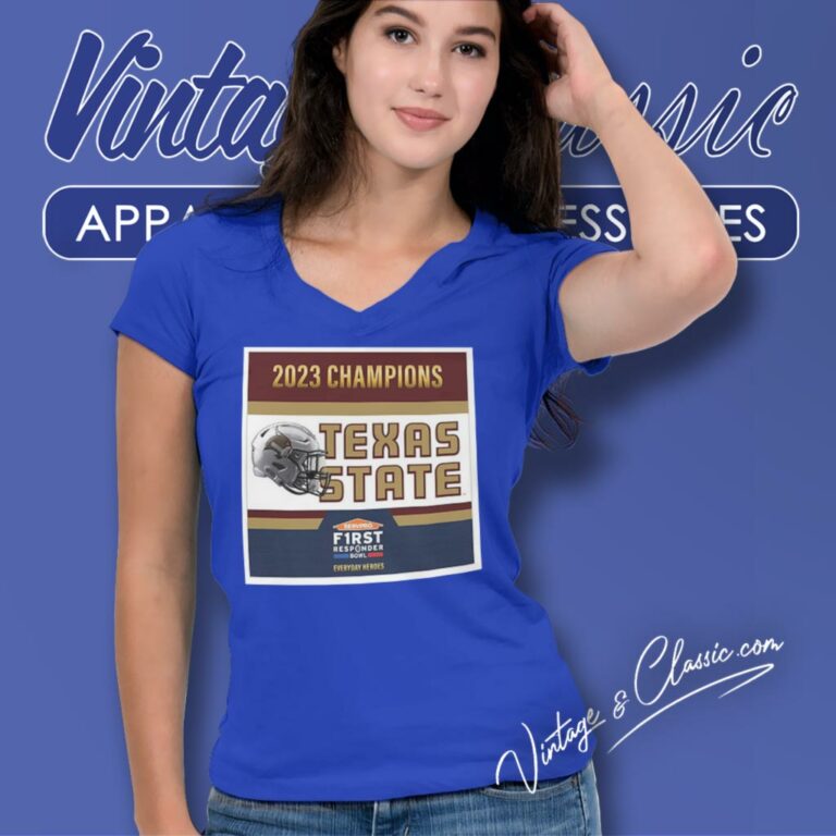 Texas State Bobcats Football 2023 First Responder Bowl Champions V Neck TShirt Texas State Bobcats Football 2023 First Responder Bowl Champions V Neck TShirt