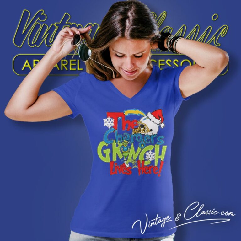 The Chargers Grinch Lives Here Christmas V Neck TShirt The Chargers Grinch Lives Here Christmas V Neck TShirt