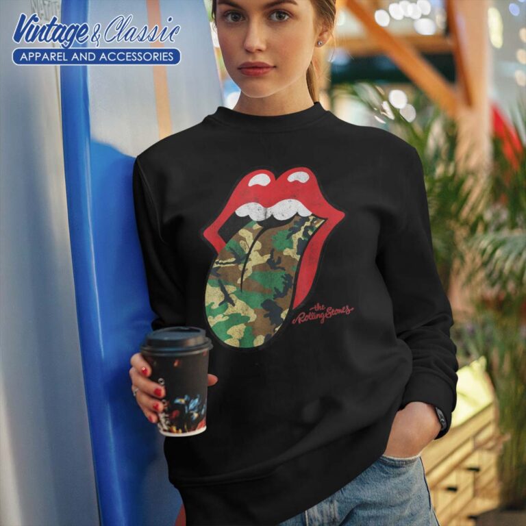 The Rolling Stones Distressed Camo Tongue Sweatshirt The Rolling Stones Distressed Camo Tongue Sweatshirt