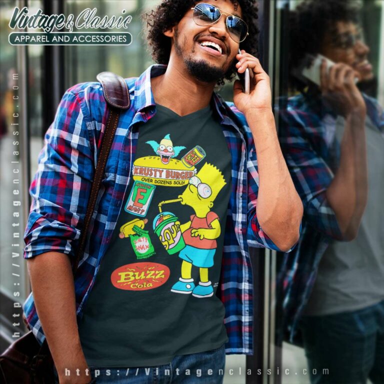 The Simpsons Bart Krusty Burger Buzz Cola V Neck TShirt The Simpsons Bart Krusty Burger Buzz Cola V Neck TShirt