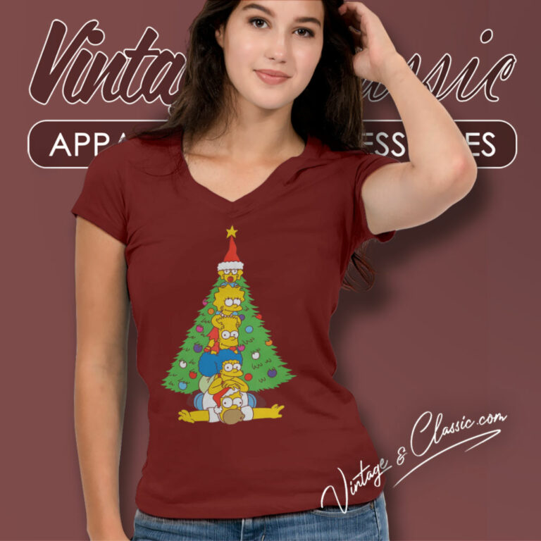 The Simpsons Family Christmas Tree Holiday V Neck TShirt The Simpsons Family Christmas Tree Holiday V Neck TShirt