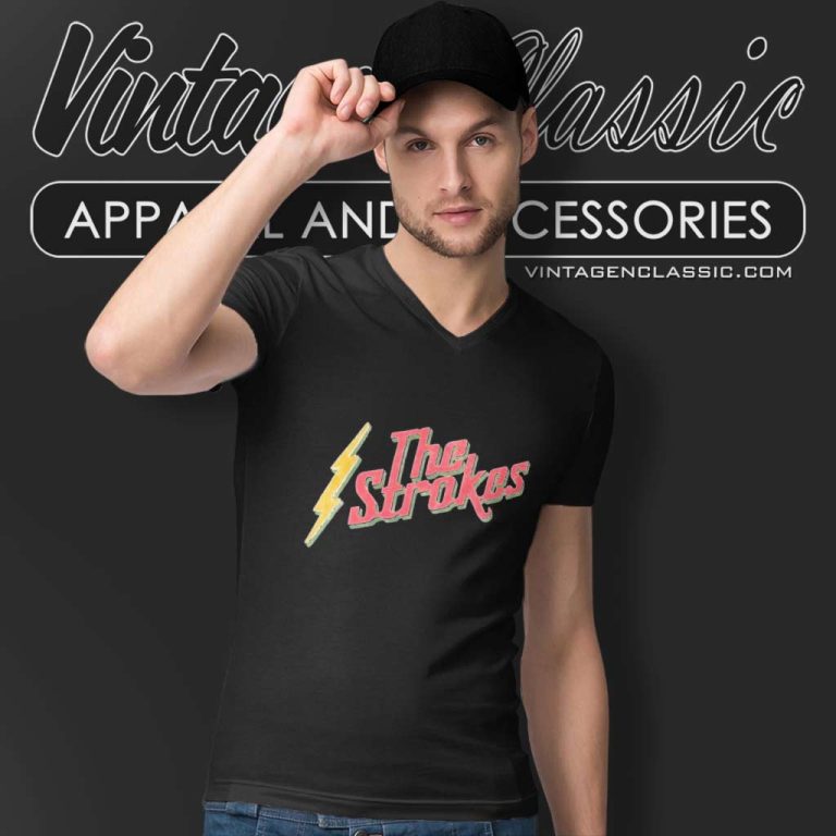 The Strokes Lightning Logo V Neck TShirt The Strokes Lightning Logo V Neck TShirt