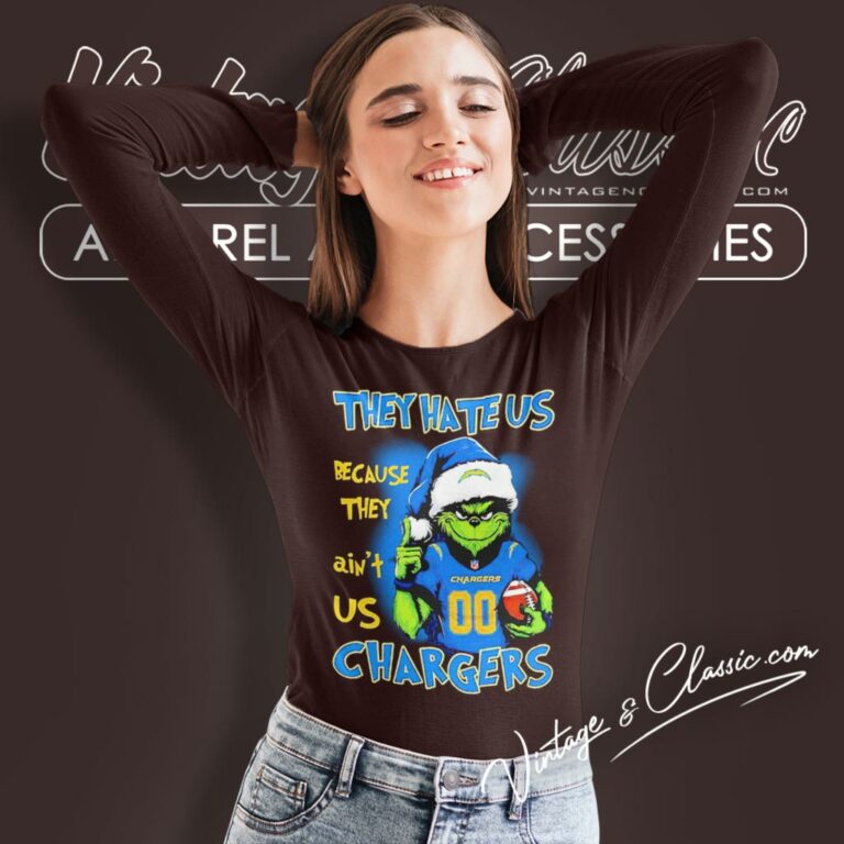 They Hate Us Because They Aint Us Grinch Los Angeles Chargers Custom Number Christmas Long Sleeve Tee They Hate Us Because They Aint Us Grinch Los Angeles Chargers Custom Number Christmas Long Sleeve Tee