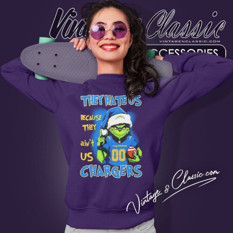 They Hate Us Because They Aint Us Grinch Los Angeles Chargers Custom Number Christmas Sweatshirt They Hate Us Because They Aint Us Grinch Los Angeles Chargers Custom Number Christmas Sweatshirt